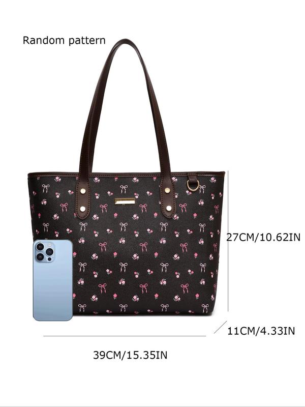 Women's Elegant Ditsy Floral Bow Pattern Tote Bag, Large Capacity Shoulder Bag for Daily Used, Casual Trendy Versatile High-quality Daily Commuting Bag