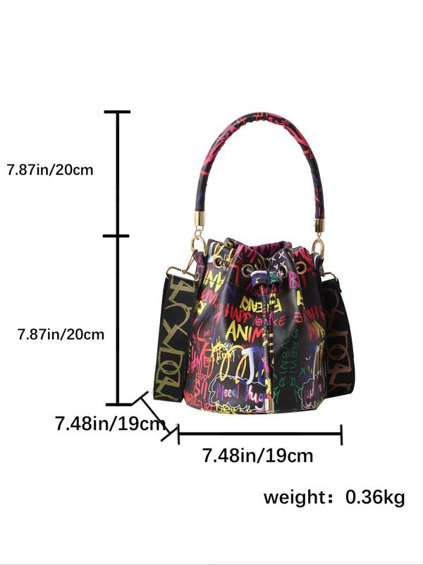 Fashionable Colorblock Graffiti Drawstring Design Handbag, Casual Letter Print Crossbody Bag with Wide Strap for Women, Work Bags for Women