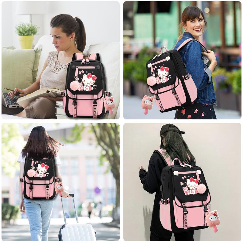 Cute Sanrio School Hello Kitty Backpack, 17.7inch Cartoon Laptop Bag, Large Casual Travel Daypacks Bookback with Accessories for Boys Girls