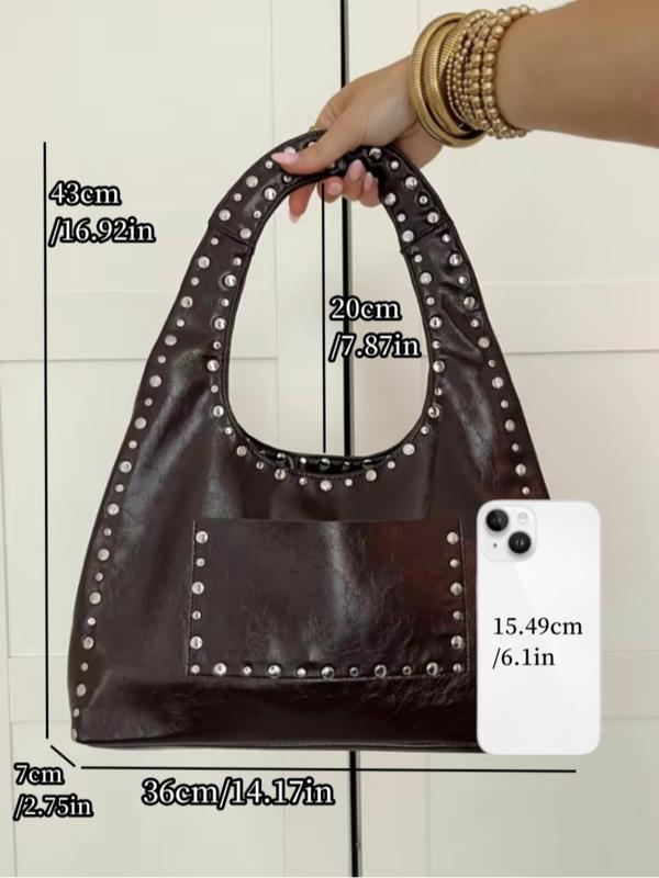 Women's Punk Style Rivet Decorated Shoulder Bag, Fashionable Solid Color Underarm Bag for Daily Used, Casual Trendy Versatile High-quality Daily Commuting Bag