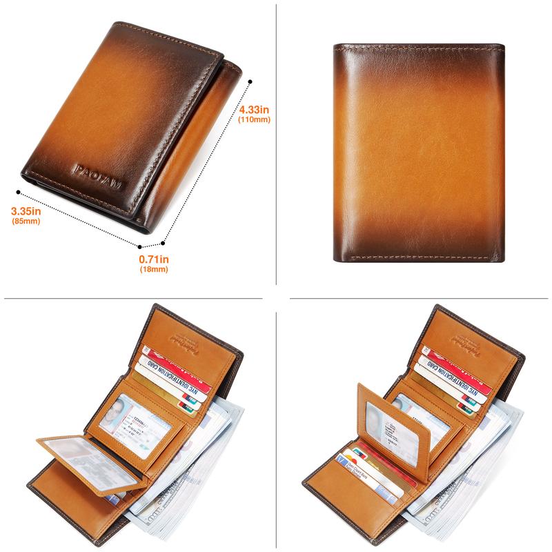 Fashion Men's Trifold Wallet, Genuine Leather RFID Blocking Slim model, 8 card slots, 3 ID windows, 2 bill compartments, large capacity!