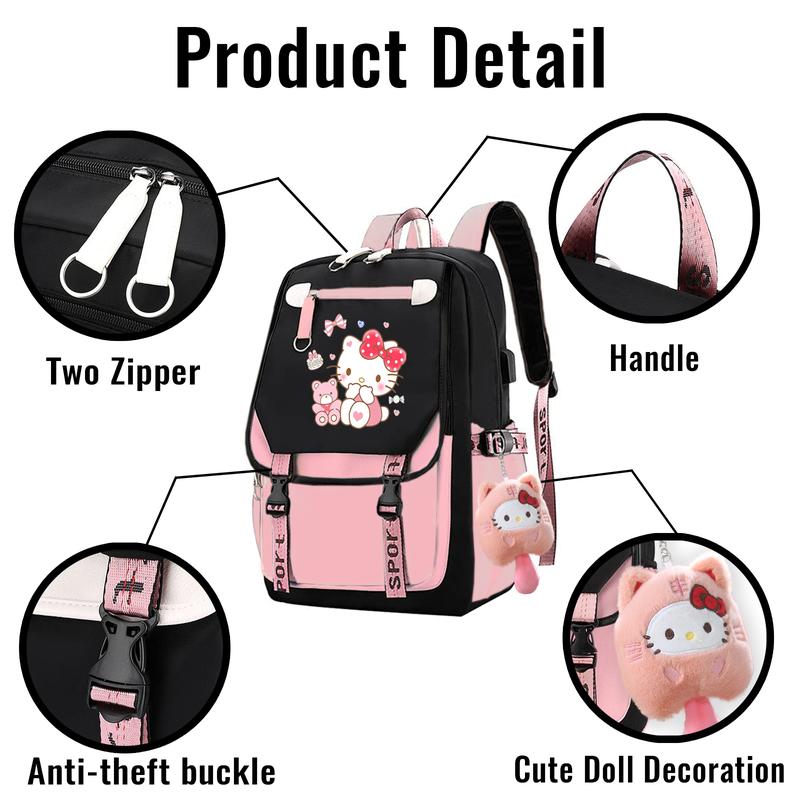 Cute Sanrio School Hello Kitty Backpack, 17.7inch Cartoon Laptop Bag, Large Casual Travel Daypacks Bookback with Accessories for Boys Girls