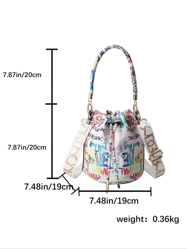 Fashionable Colorblock Graffiti Drawstring Design Handbag, Casual Letter Print Crossbody Bag with Wide Strap for Women, Work Bags for Women