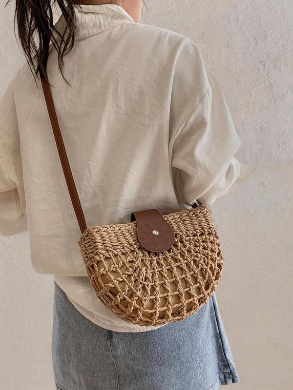 Boho Semicircular Shape Hollow out Straw Bag, Trendy Elegant Crossbody Bag, Chic Summer 2024 Crossbody Bag for Summer Beach Outfits, Back To School Bags For Women, Fall Outfits, Fall Freshness