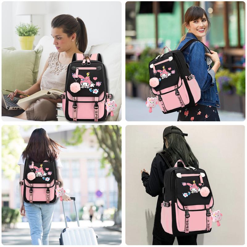 Cute Sanrio School Mymelody Backpack, 17.7inch Cartoon Laptop Bag, Large Casual Travel Daypacks Bookback with Accessories for Boys Girls