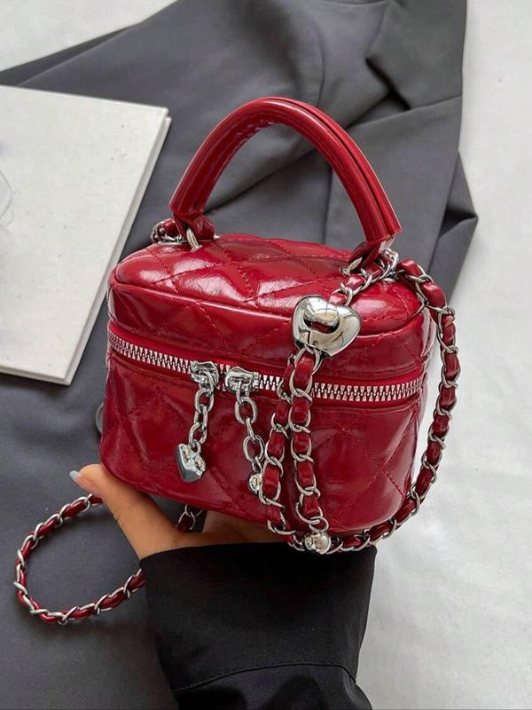 Women's Fashionable Solid Color Quilted Crossbody Bag, Elegant Mini Handbag with Heart Decor, Casual Trendy Versatile High-quality Daily Commuting Bag