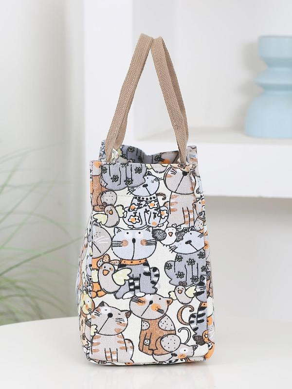 Cartoon Cat Pattern Lunch Bag, Canvas Handbag, Portable Insulated Lunch Bag, Lunch Box Bag for Work, School, Travel, Picnic