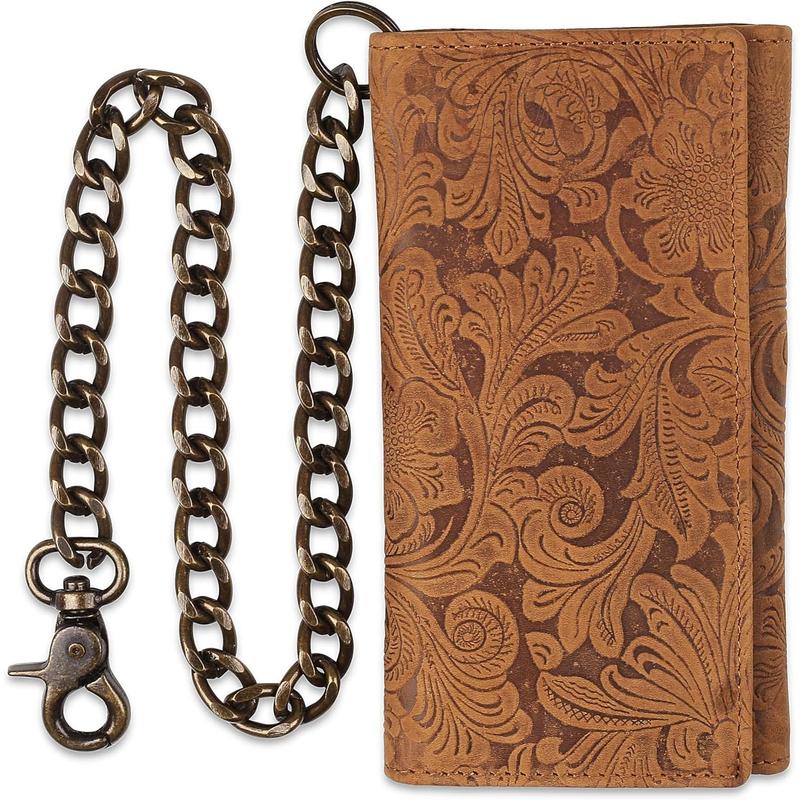 RFID Blocking Mens Tri-fold Long Style buffalo crazy horse Leather Steel Chain Wallet,vintage brown floral,212-40