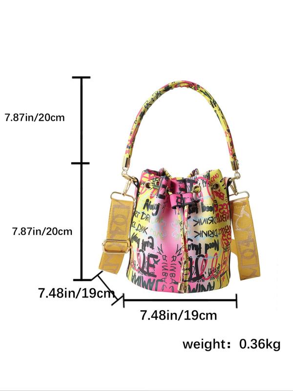 Fashionable Colorblock Graffiti Drawstring Design Handbag, Casual Letter Print Crossbody Bag with Wide Strap for Women, Work Bags for Women