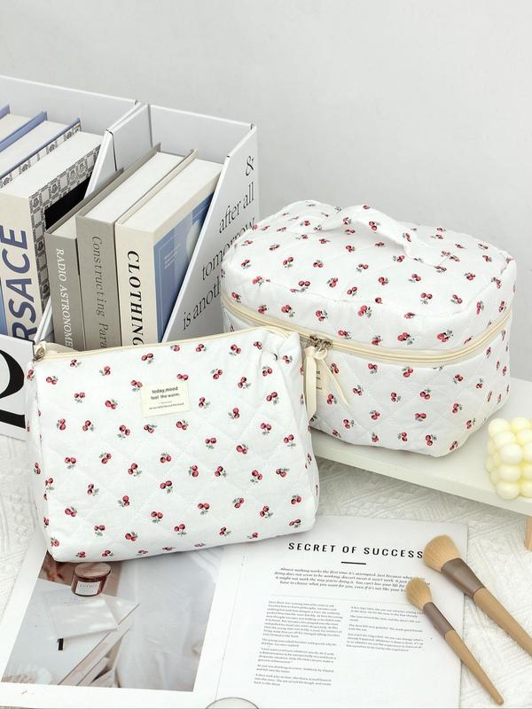 Cute Cherry Pattern Makeup Bag Set, 3 Counts Large Capacity Cosmetic Storage Bag, Zipper Makeup Organizer Pouch, Versatile Storage Bag for Travel & Daily Use