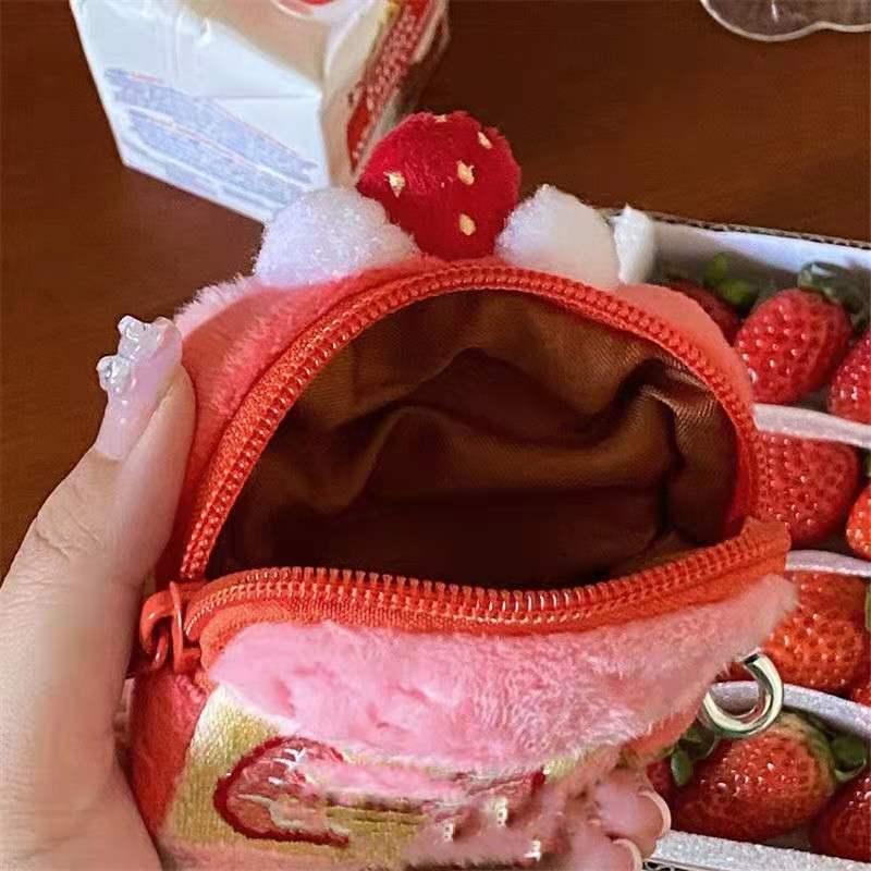 Cute Strawberry Cake Design Keychain, Portable Plush Earphone Data Cable Storage Bag, Cute Girl Heart Strawberry Cake Design Coin Purse, Lipstick Storage Bag