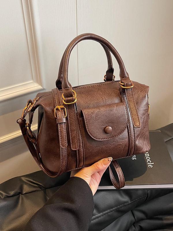 Women's Elegant Solid Color Handbag, Fashionable Textured Design Boston Bag for Work & Daily Used, Casual Trendy Versatile High-quality Daily Commuting Bag