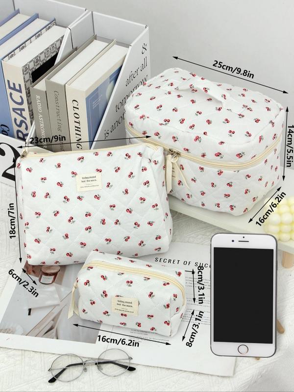 Cute Cherry Pattern Makeup Bag Set, 3 Counts Large Capacity Cosmetic Storage Bag, Zipper Makeup Organizer Pouch, Versatile Storage Bag for Travel & Daily Use