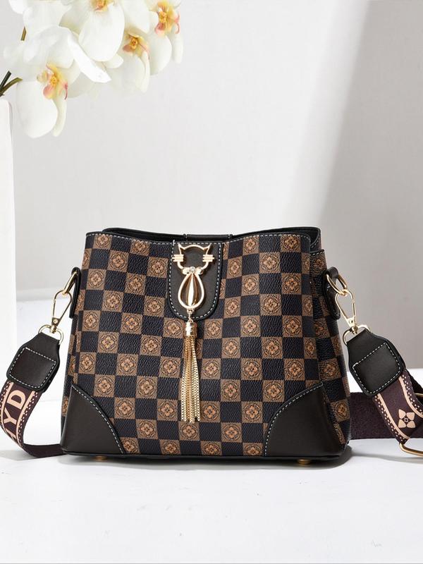 Plaid Pattern Buckle Crossbody Bag for Women, Trendy Vintage Luxury Designer Bag, Stylish Crossbody Bag with Letters Graphic Strap for Daily & Work Use, Fall Outfits, Earthtone Fall Freshness