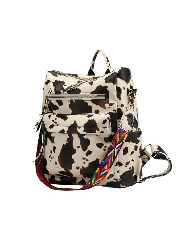 Fashion Cow Pattern Backpack, Casual Multifunctional Shoulder Bag, Fashion All-match Zipper Backpack, Multi-pocket Backpack for Work & School