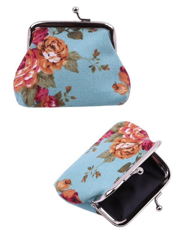 Women's Vintage Floral Pattern Canvas Kiss Lock Coin Purse,  Printed Rose Purse Small Wallet, Retro Frame Bag for Daily Used