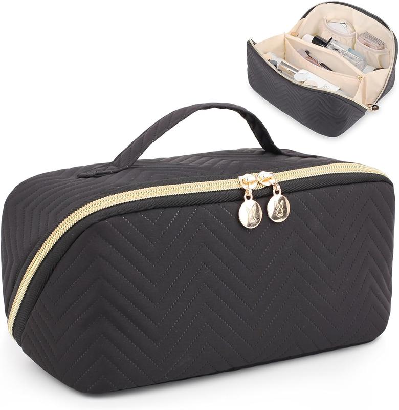 Makeup Bag Cosmetic Bag, Large Capacity Travel Makeup Bag for Women with Portable Pouch Open Flat Water-resistant Toiletry Organizer Bag with Handle DividerBlack