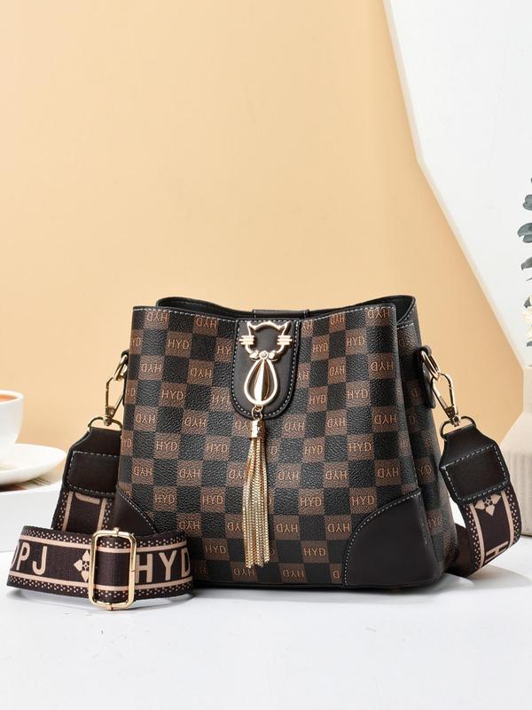 Plaid Pattern Buckle Crossbody Bag for Women, Trendy Vintage Luxury Designer Bag, Stylish Crossbody Bag with Letters Graphic Strap for Daily & Work Use, Fall Outfits, Earthtone Fall Freshness