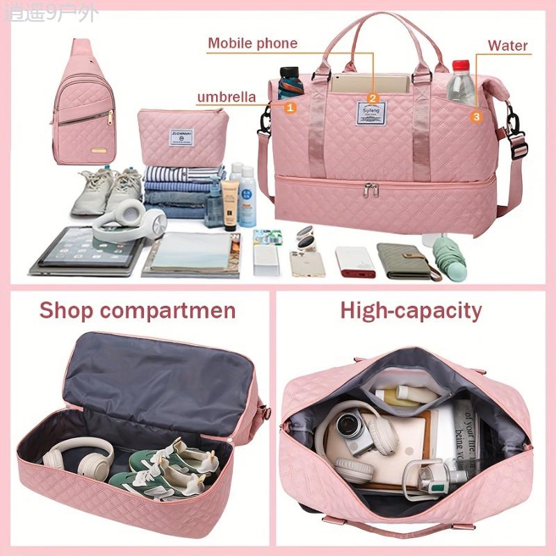 3pcs Chic Pink Travel & Fitness Bag Set - Large Capacity, Waterproof Oxford Fabric Duffle with Shoulder and Cosmetic Bags