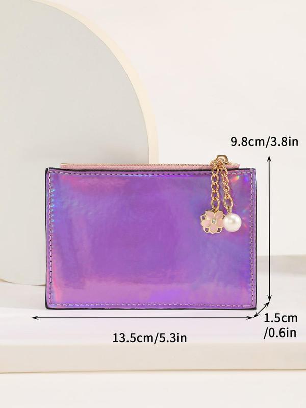 Faux Pearl Decor Short Wallet As Gift for Women, Casual Flower Design Rhinestone Decor Zipper Small Wallet, Sparkly Accessories for Daily Use