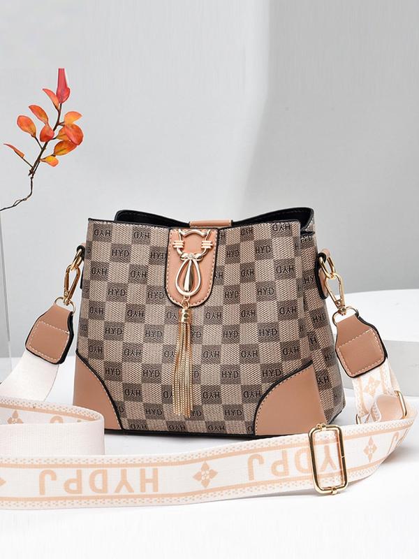 Plaid Pattern Buckle Crossbody Bag for Women, Trendy Vintage Luxury Designer Bag, Stylish Crossbody Bag with Letters Graphic Strap for Daily & Work Use, Fall Outfits, Earthtone Fall Freshness