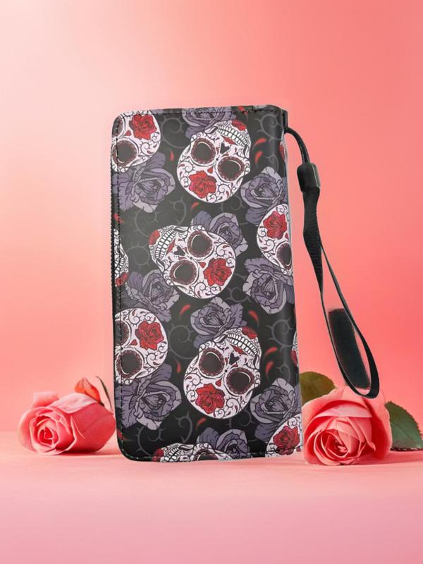 Women's Fashionable Creative  Skull & Rose Pattern Design Wristlet Bag, Casual Pu Leather Zipper Design Card Holder for Daily Used, Trendy Matching Phone Bag