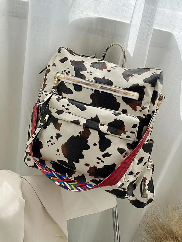 Fashion Cow Pattern Backpack, Casual Multifunctional Shoulder Bag, Fashion All-match Zipper Backpack, Multi-pocket Backpack for Work & School