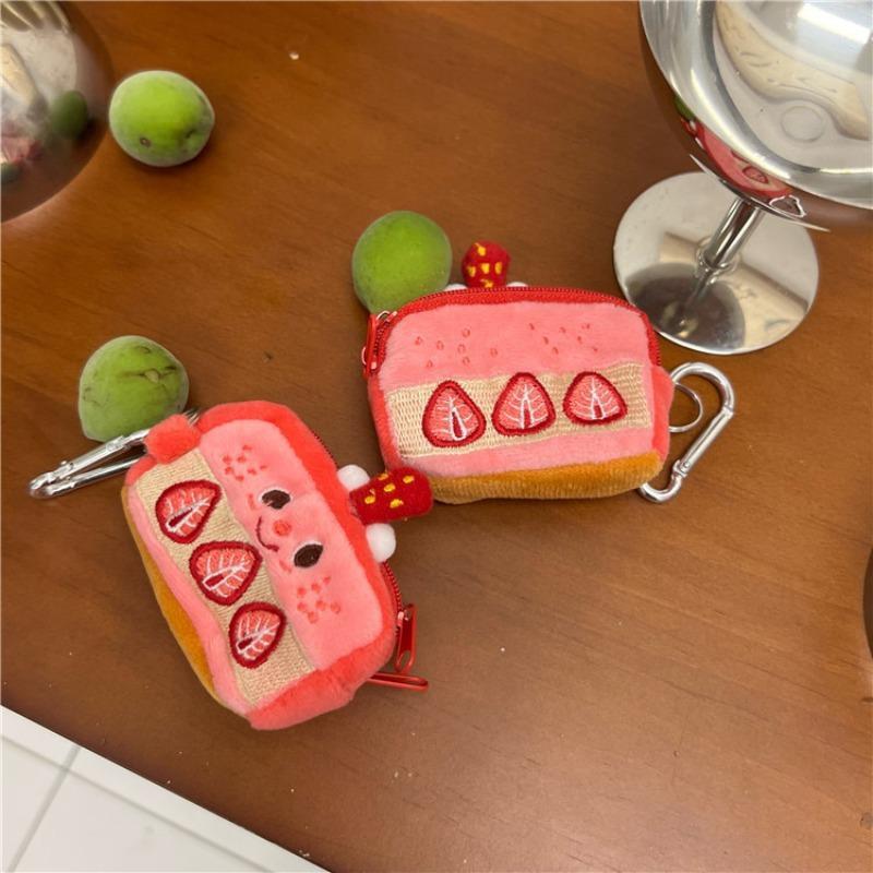 Cute Strawberry Cake Design Keychain, Portable Plush Earphone Data Cable Storage Bag, Cute Girl Heart Strawberry Cake Design Coin Purse, Lipstick Storage Bag