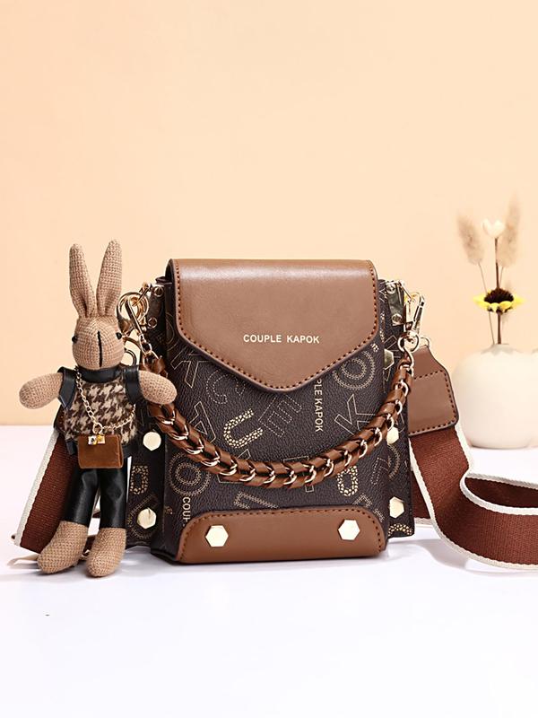 Fashionable Letter Pattern Crossbody Bag with Cartoon Charm, Casual Pu Leather Shoulder Bag for Women, Lightweight Suitable for Fashionable White-collar Workers, University Students