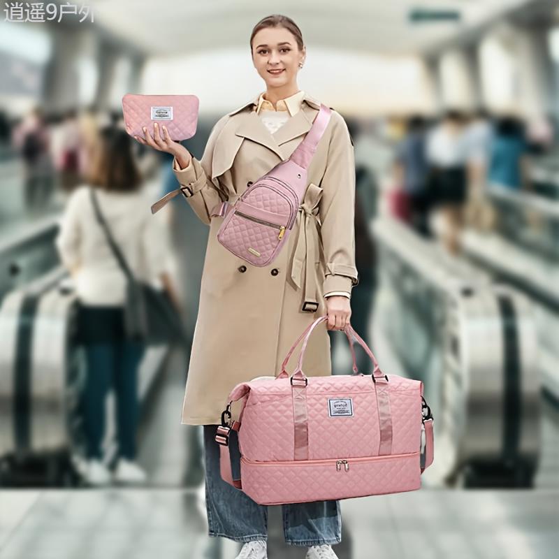 3pcs Chic Pink Travel & Fitness Bag Set - Large Capacity, Waterproof Oxford Fabric Duffle with Shoulder and Cosmetic Bags