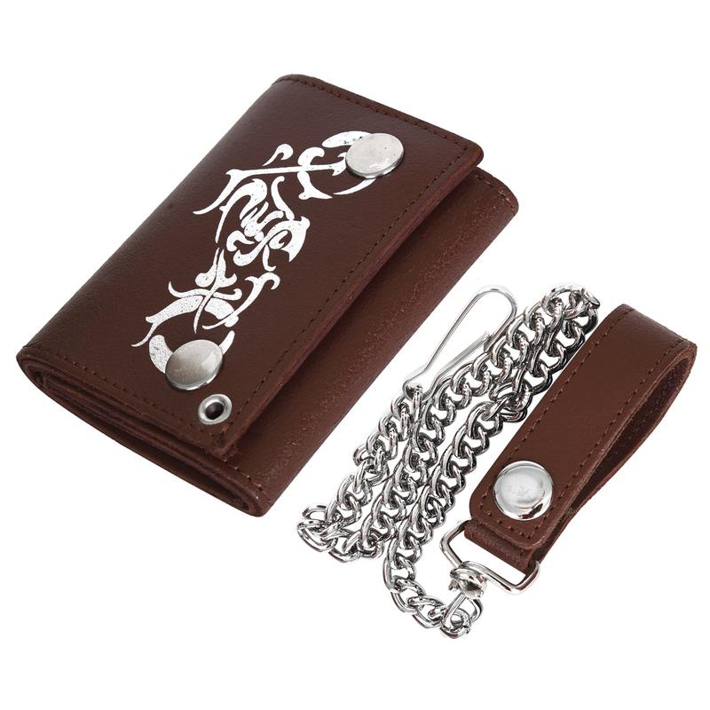 Leatherboss Genuine Leather Men Motorcycle Print Trifold Wallet Chain Biker