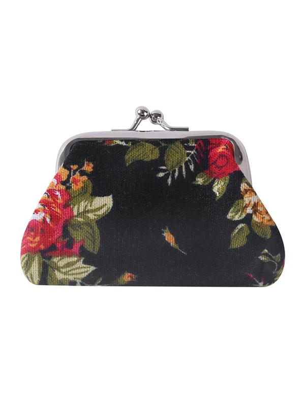 Women's Vintage Floral Pattern Canvas Kiss Lock Coin Purse,  Printed Rose Purse Small Wallet, Retro Frame Bag for Daily Used