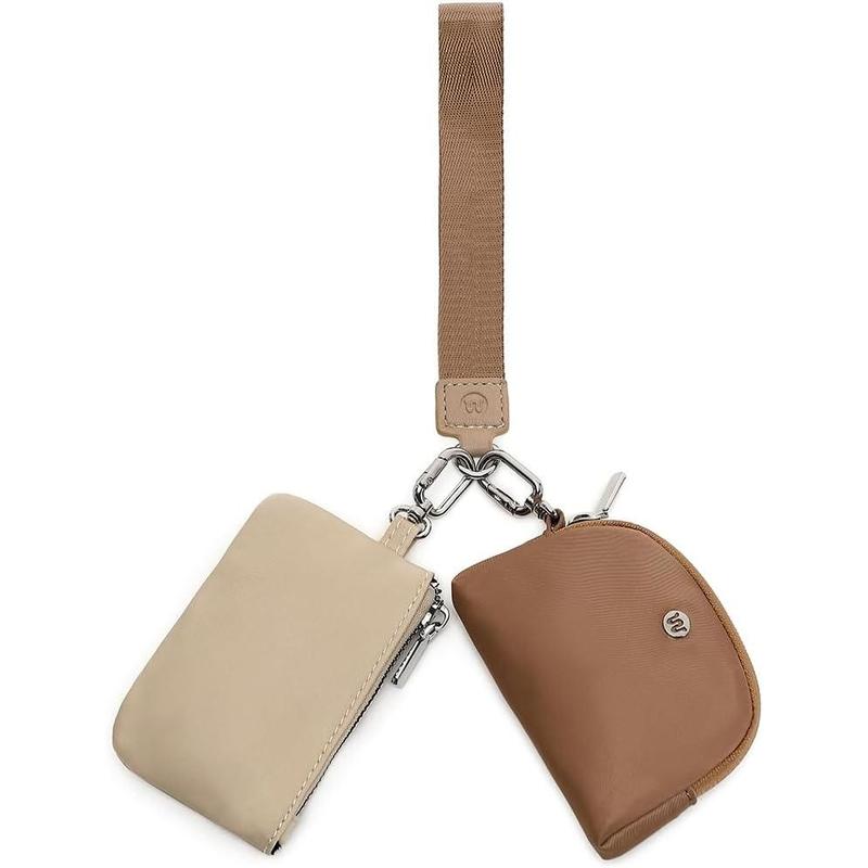 Mini Zip Around Wristlet Wallet for Women Detachable Dual Pouch Wristlet Portable Coin Pocket Keychain Small Purse (Khaki+Brown)