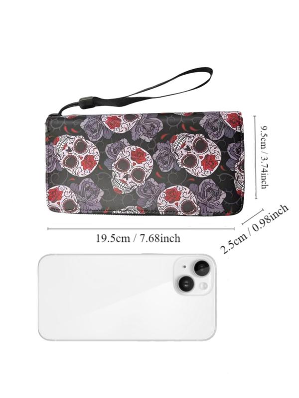 Women's Fashionable Creative  Skull & Rose Pattern Design Wristlet Bag, Casual Pu Leather Zipper Design Card Holder for Daily Used, Trendy Matching Phone Bag