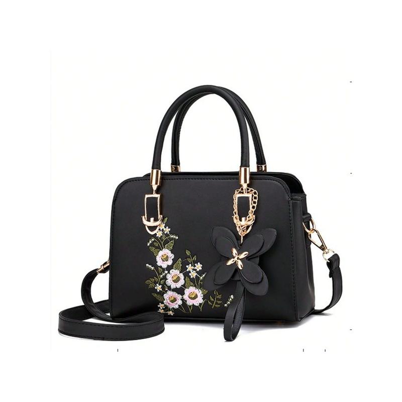 Fast deliveryWomen's Elegant Floral Vegan Leather Handbag With Double Handles, Zipper Closure