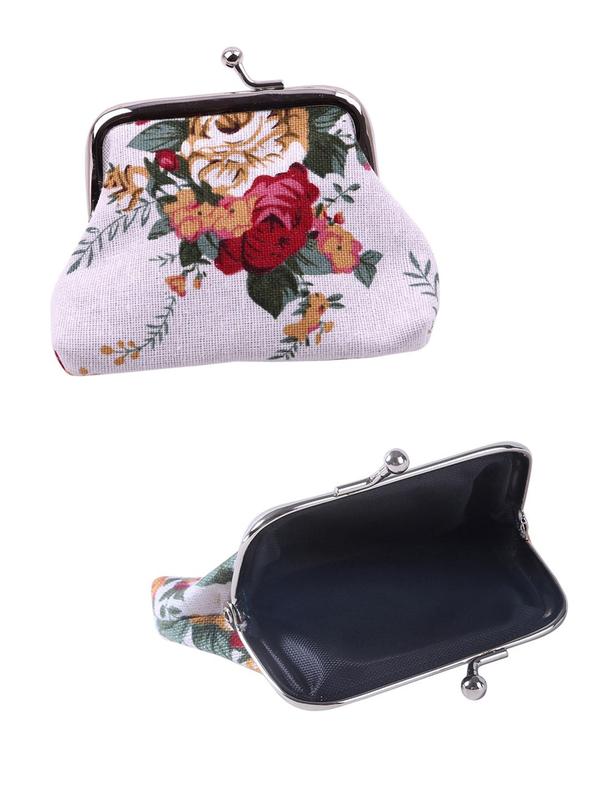 Women's Vintage Floral Pattern Canvas Kiss Lock Coin Purse,  Printed Rose Purse Small Wallet, Retro Frame Bag for Daily Used