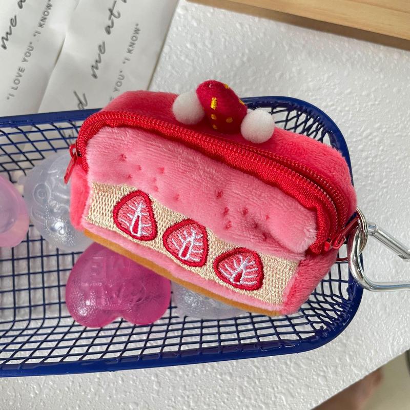 Cute Strawberry Cake Design Keychain, Portable Plush Earphone Data Cable Storage Bag, Cute Girl Heart Strawberry Cake Design Coin Purse, Lipstick Storage Bag