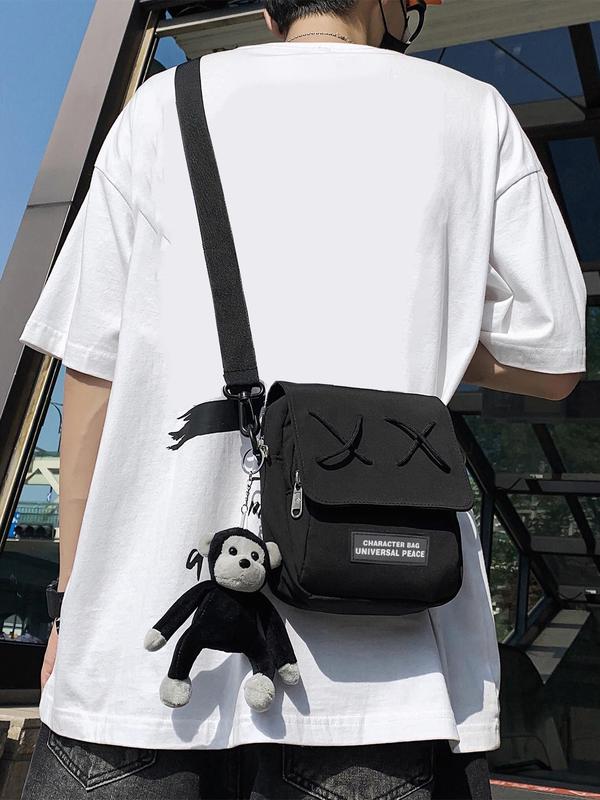 Men's Casual Letter  Decorated Crossbody Bag with Cartoon Monkey Charm, Fashionable Small Square Bag with Adjustable Strap for Daily Used