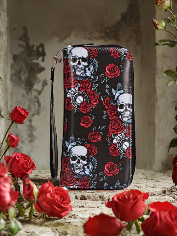 Women's Fashionable Creative  Skull & Rose Pattern Design Wristlet Bag, Casual Pu Leather Zipper Design Card Holder for Daily Used, Trendy Matching Phone Bag