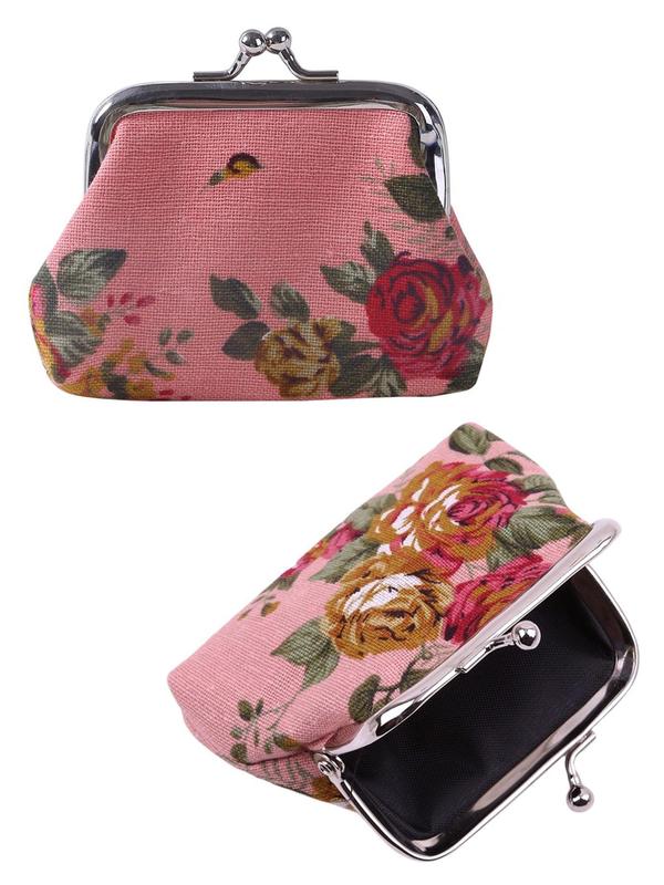 Women's Vintage Floral Pattern Canvas Kiss Lock Coin Purse,  Printed Rose Purse Small Wallet, Retro Frame Bag for Daily Used