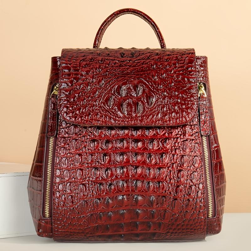 Promotion price Luxury Crocodile Print Backpack, Genuine Leather Travel Daypack, Women's Fashion School Knapsack & Purse