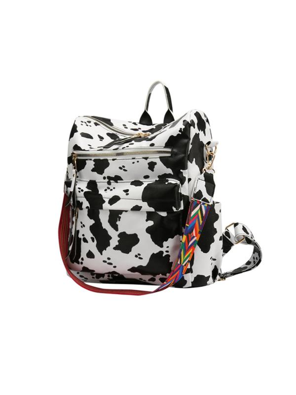 Fashion Cow Pattern Backpack, Casual Multifunctional Shoulder Bag, Fashion All-match Zipper Backpack, Multi-pocket Backpack for Work & School