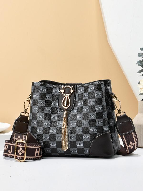 Plaid Pattern Buckle Crossbody Bag for Women, Trendy Vintage Luxury Designer Bag, Stylish Crossbody Bag with Letters Graphic Strap for Daily & Work Use, Fall Outfits, Earthtone Fall Freshness