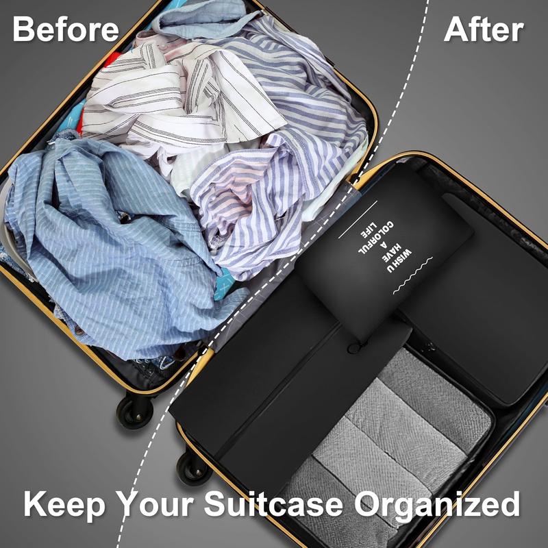 7 Set Packing Cubes for Suitcases, Travel Foldable Laundry and Shoe Bag Lightweight Luggage for Women Man (Black)