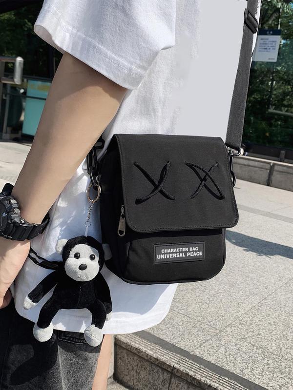 Men's Casual Letter  Decorated Crossbody Bag with Cartoon Monkey Charm, Fashionable Small Square Bag with Adjustable Strap for Daily Used