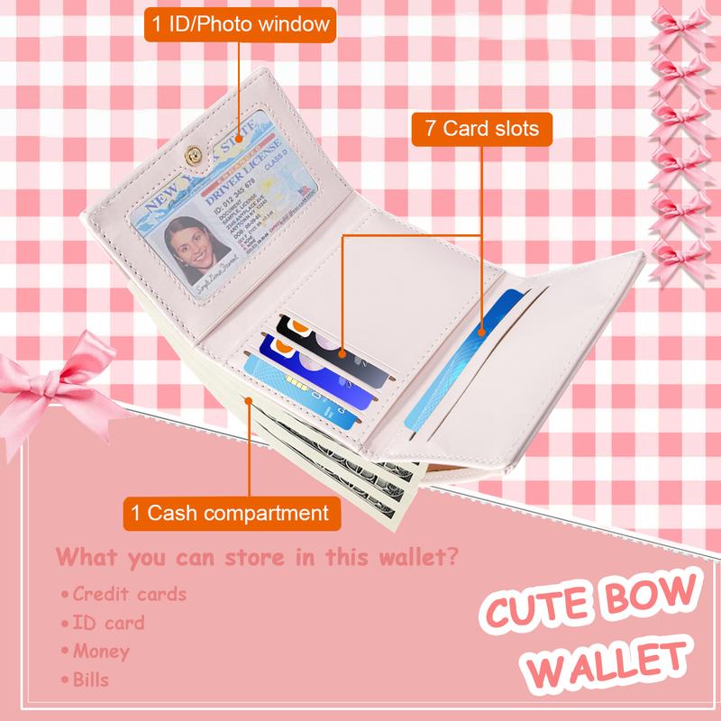 Cute Coquette Bow Small Wallet Aesthetic Card Holder ID Window for Women Christmas Gift for Teen Girl 5 6 7 8 9 10 11 12 13 Year Old