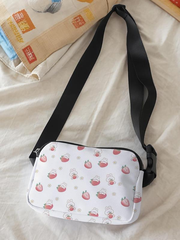 Cute Strawberry & Ribbit Pattern Fanny Pack, Large Capacity Travel Sling Bag,  Casual and Stylish Sling Bag with Zipper Closure