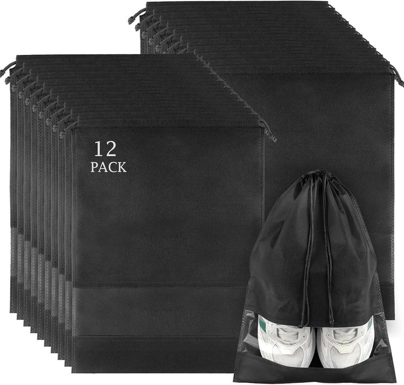 12 Pack Shoe Bags for Travel, Large Travel Shoe Bags for Packing with Clear Window,  Drawstring Travel Shoe Storage Bags Travel  for Men & Women, Black