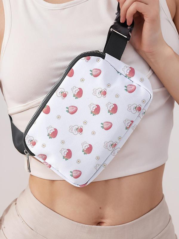 Cute Strawberry & Ribbit Pattern Fanny Pack, Large Capacity Travel Sling Bag,  Casual and Stylish Sling Bag with Zipper Closure