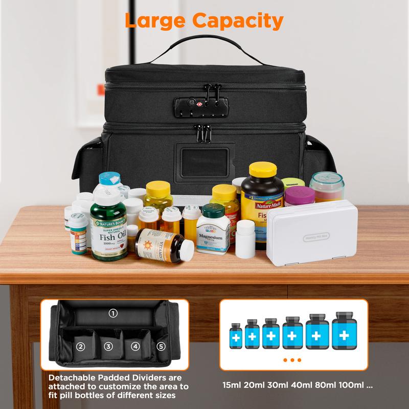 Zannaki Medicine Storage Bag with Combination Lock, Double Layers Pill Bottle Organizer Bag Empty, Medication Locking Box with Zippers for Prescription, Vitamins, Supplements or Medical Supplies